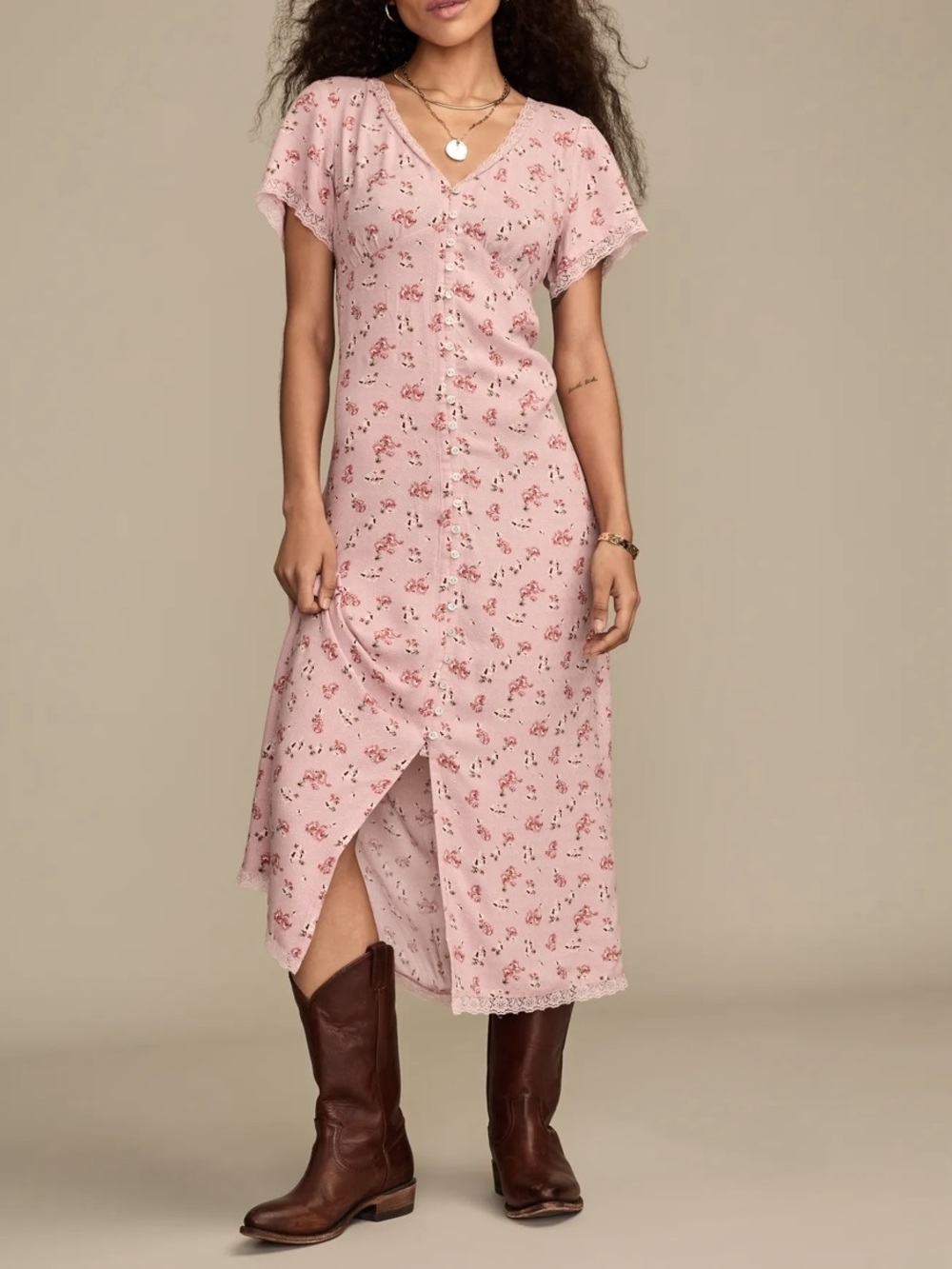 LUCKY BRAND Simone Floral Midi Dress Mauve Floral Boho - Size Small NWT